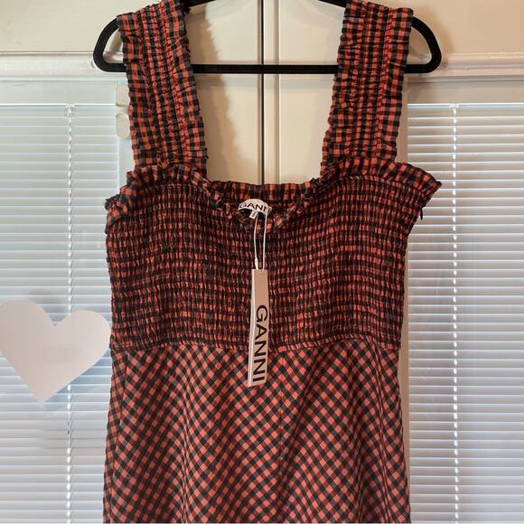 Ganni Smocked Gingham Midi Dress Orange and Black Sleeveless Dress NWT - Picture 6 of 16